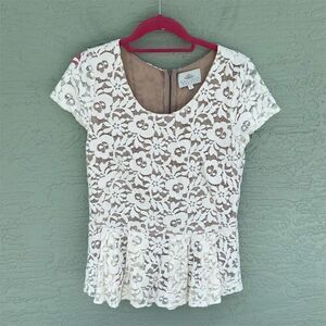 Madison Marcus Women's Lace Blouse L Beige Cream Floral Scoop Neck Top